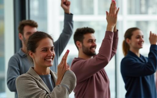 A smiling office team participating in a workplace yoga session.