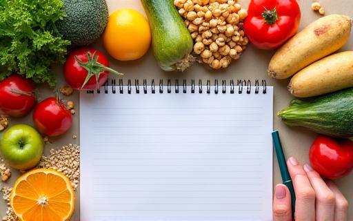 A colourful array of healthy foods with a notebook.