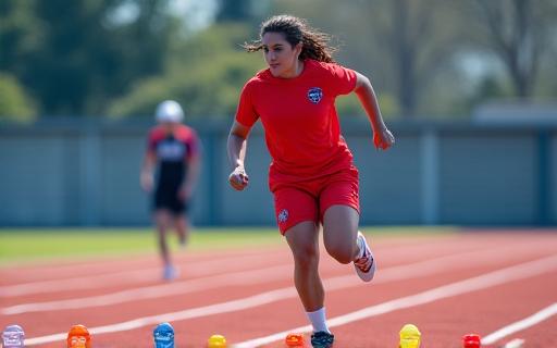 An athlete performing agility drills with cones.