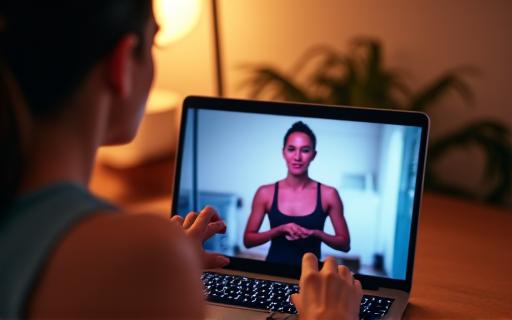 A person following a virtual fitness class on a laptop at home.