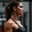 Client Sara Patel lifting weights with focus.